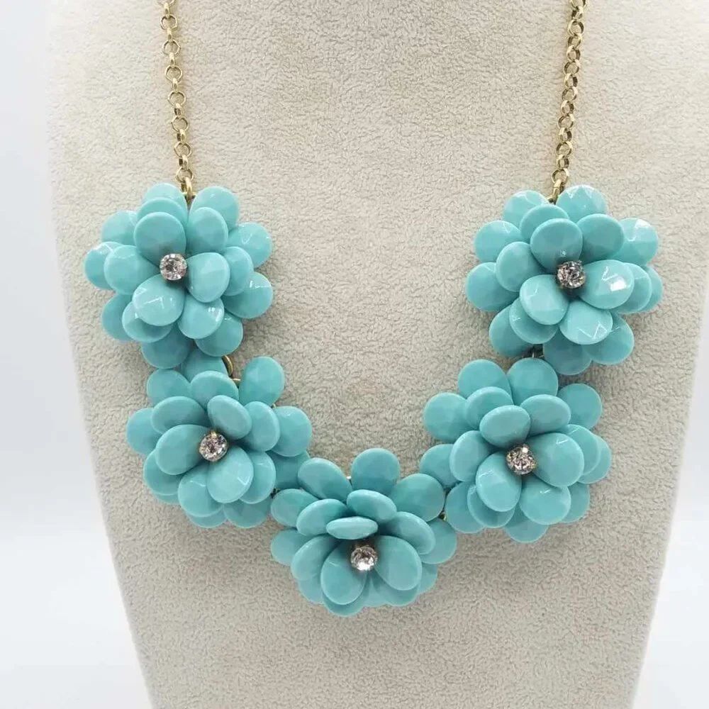 J Crew Turquoise Resin Flower Necklace with Crystal Centers